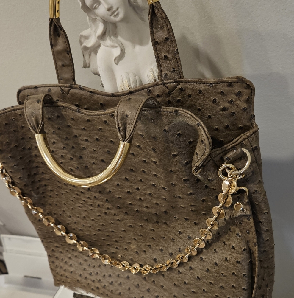 Ivanka Trump Brown Ostrich-Texture Tote with Gold Chain Handles - Picture 3 of 7